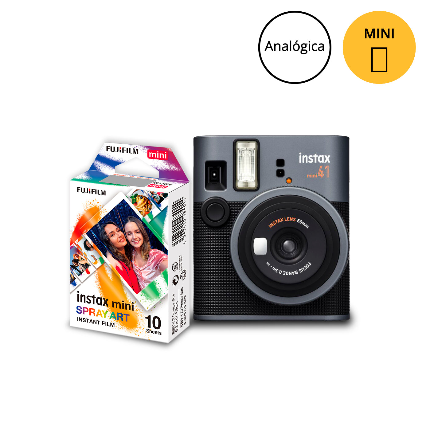 Combo Câmera Instantânea Fujifilm instax mini 41™ Preta + Filme Mini Spray Art 10 Fotos