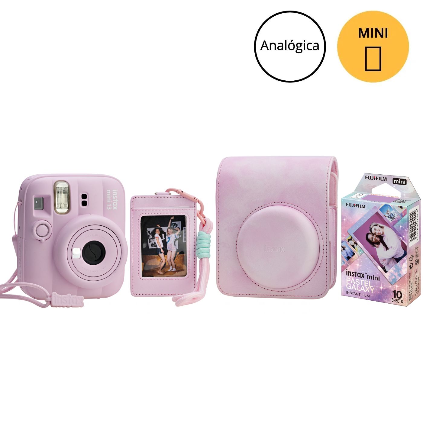 Kit Câmera instantânea Fujifilm instax mini 13™ Candy Pink + Pack 10 fotos Pastel Galaxy + Bolsa Pink Tie Dye + Photo tag