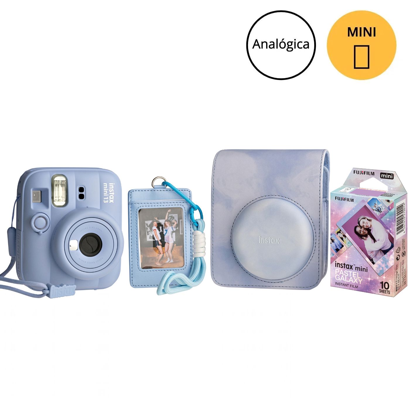 Kit Câmera instantânea Fujifilm instax mini 13™ Frost Blue + Pack 10 fotos Pastel Galaxy + Bolsa Blue Tie Dye + Photo tag