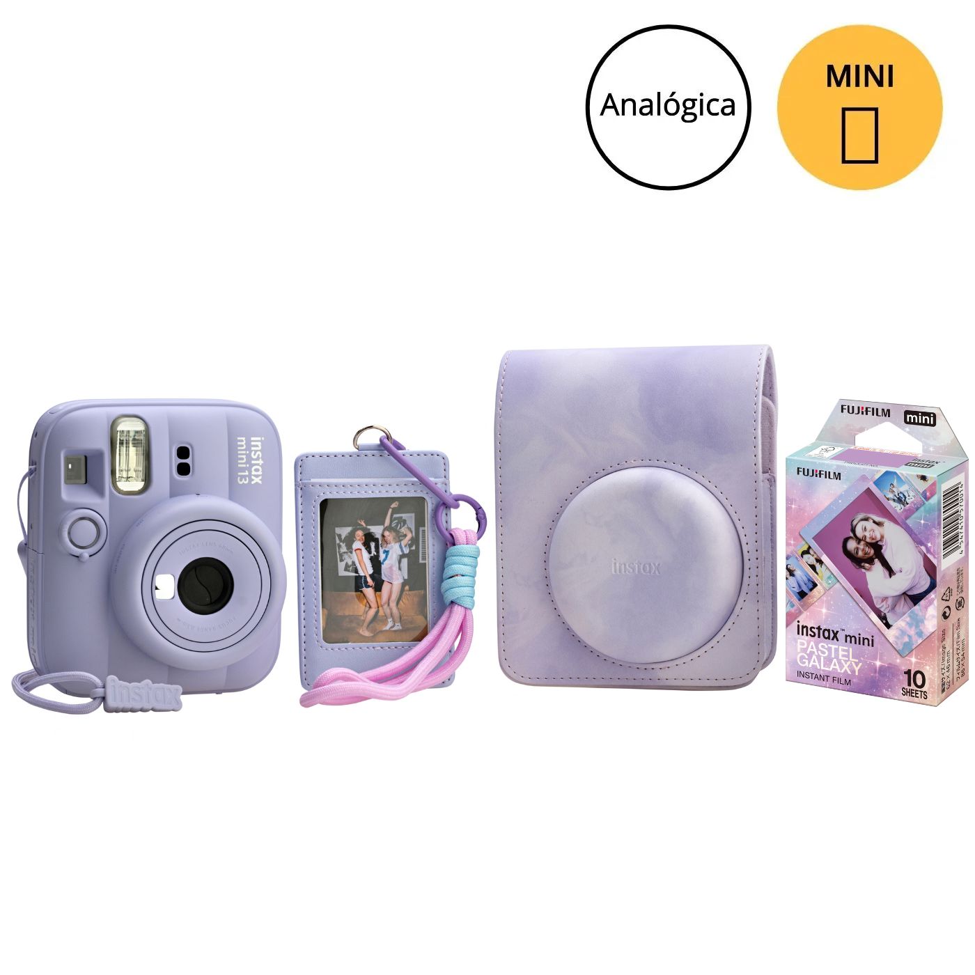 Kit Câmera instantânea Fujifilm instax mini 13™ Dreamy Purple + Pack 10 fotos Pastel Galaxy + Bolsa Purple Tie Dye + Photo tag