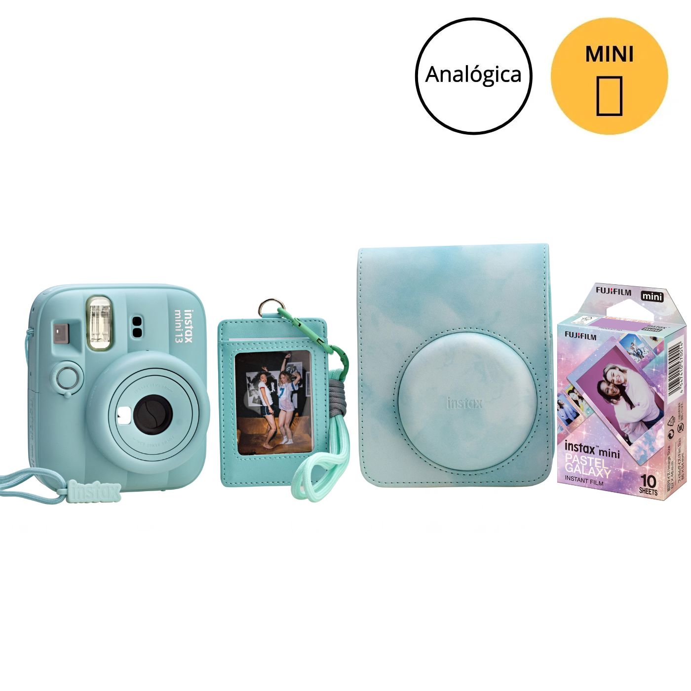 Kit Câmera instantânea Fujifilm instax mini 13™ Lagoon Green + Pack 10 fotos Pastel Galaxy + Bolsa Green Tie Dye + Photo tag