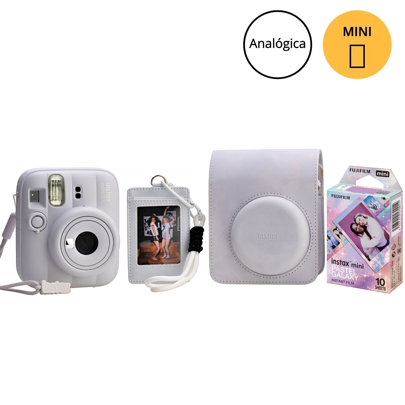 Kit Câmera instantânea Fujifilm instax mini 13™ Clay White + Pack 10 fotos Pastel Galaxy + Bolsa White Tie Dye + Photo tag