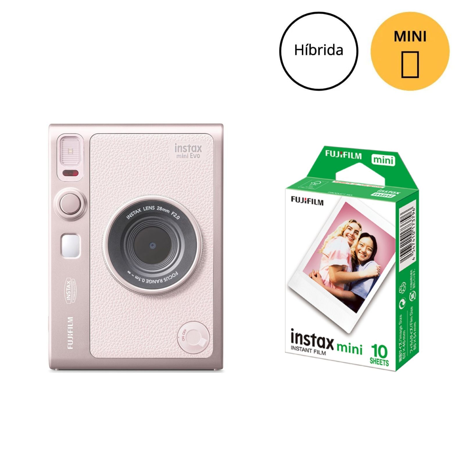 Combo Câmera e Impressora para Smartphone Fujifilm instax mini™ Evo Gentle Rose + Filme instax™ mini a sua escolha 10 fotos