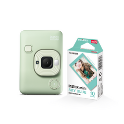 Combo Câmera e Impressora para Smartphone Fujifilm Instax Mini LiPlay Matcha Green  + Filme Fujifilm Instax Mini Sky Blue 10 Fotos