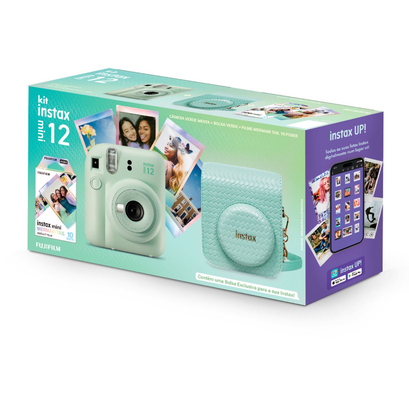 Câmera Instantânea Fujifilm instax mini 12™  Verde + Pack 10 filmes Mermaid Tail + Bolsa Herringbone Verde