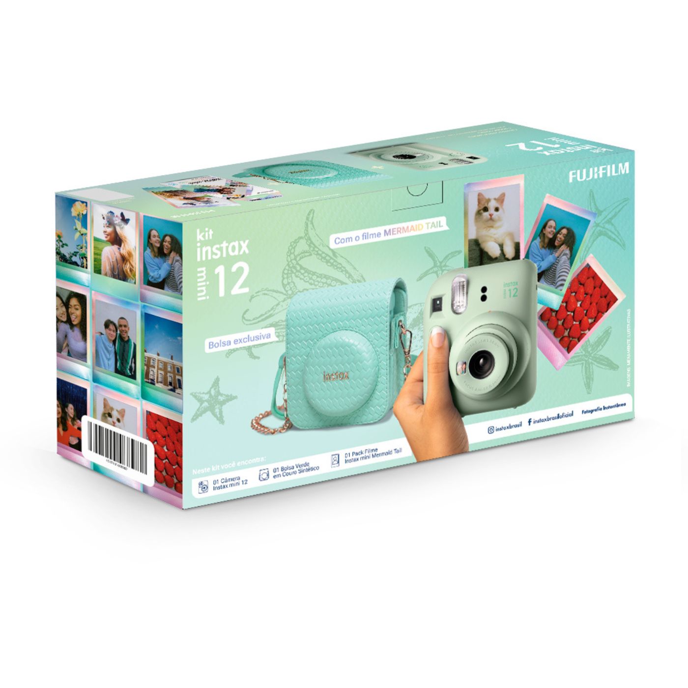 Câmera Instantânea Fujifilm instax mini 12™  Verde + Pack 10 filmes Mermaid Tail + Bolsa Herringbone Verde