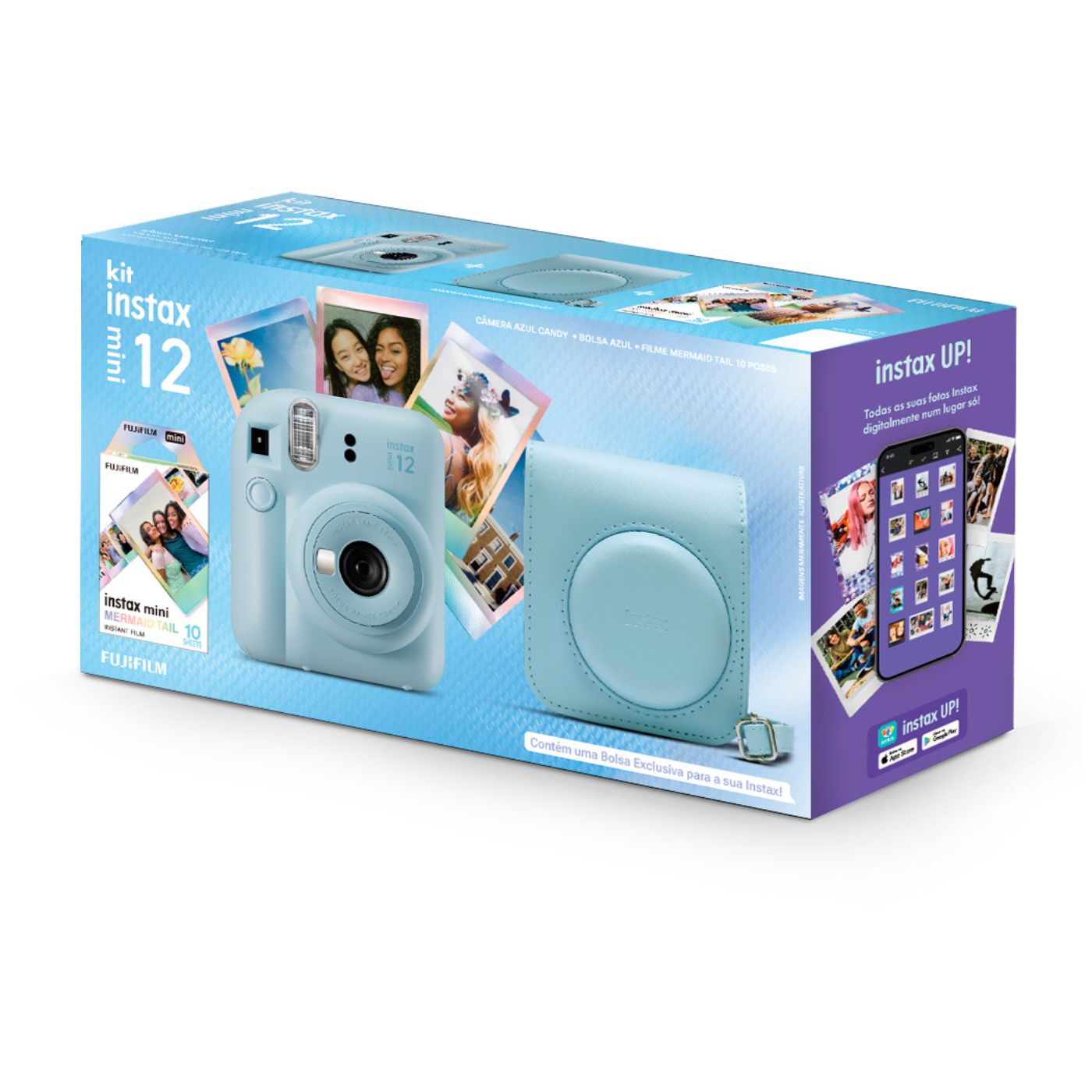 Câmera Instantânea Fujifilm instax mini 12™ Azul Candy + Pack 10 filmes Mermaid Tail + Bolsa Azul Candy