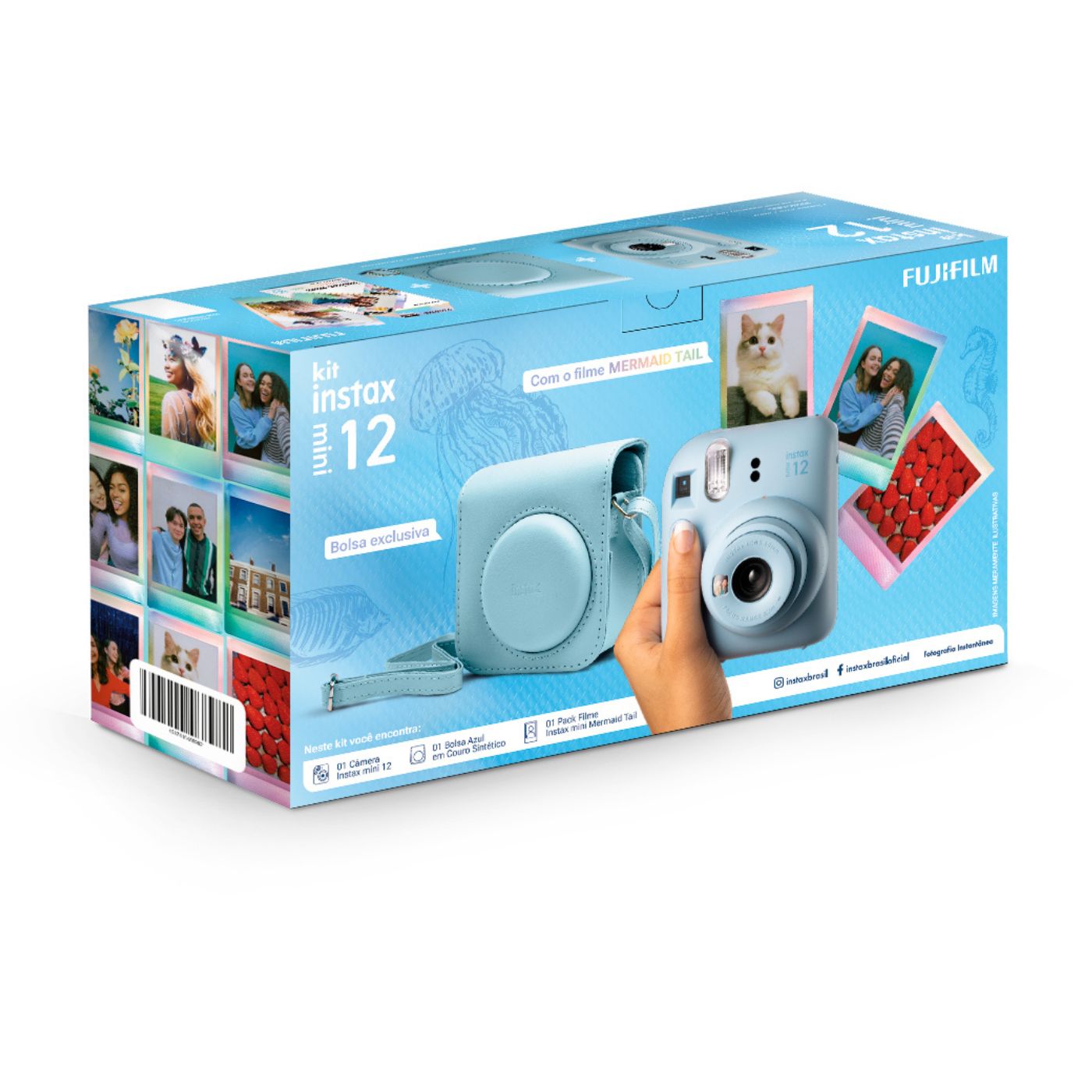 Câmera Instantânea Fujifilm instax mini 12™ Azul Candy + Pack 10 filmes Mermaid Tail + Bolsa Azul Candy