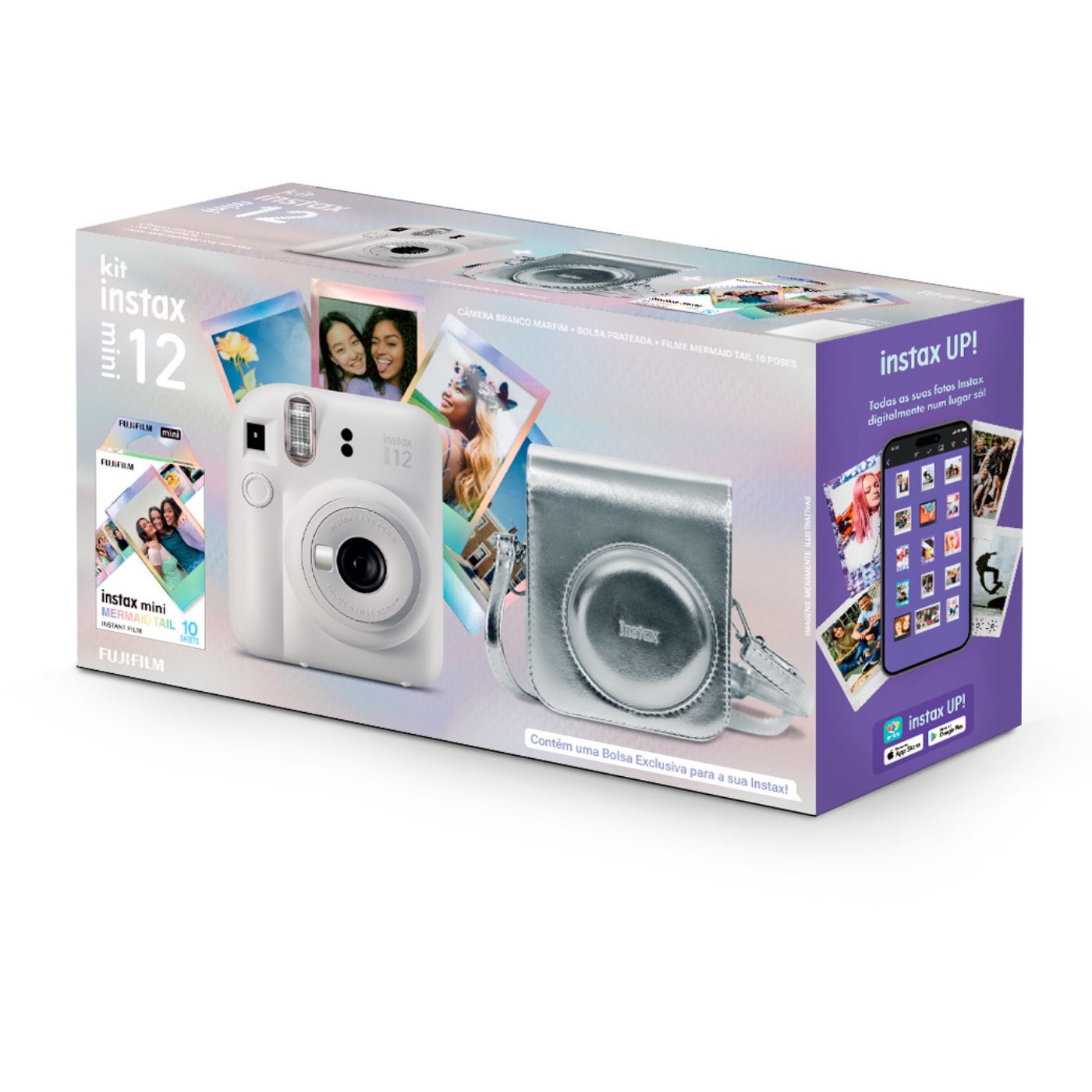 Câmera Instantânea Fujifilm instax mini 12™ Branca + Pack 10 filmes Mermaid Tail + Bolsa Metálica Prata