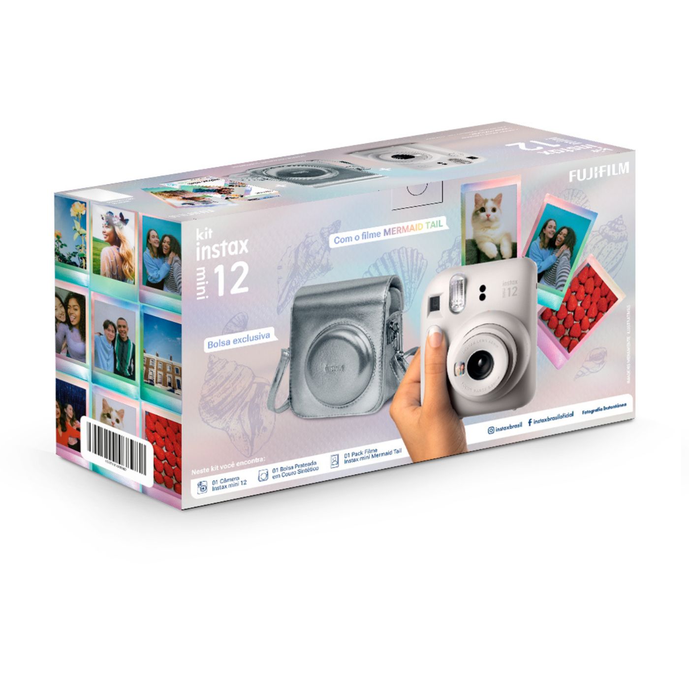 Câmera Instantânea Fujifilm instax mini 12™ Branca + Pack 10 filmes Mermaid Tail + Bolsa Metálica Prata