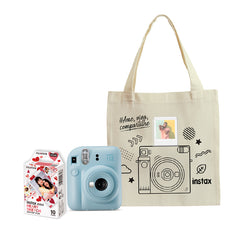 NATAL - Combo Câmera Instantânea Fujifilm Instax Mini 12 Azul + Filme Fujifilm Instax Mini Heart Sketch 10 Fotos + Ecobag Instax