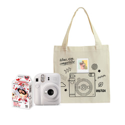 NATAL - Combo Câmera Instantânea Fujifilm Instax Mini 12 Branco + Filme Fujifilm Instax Mini Heart Sketch10 Fotos + Ecobag Instax