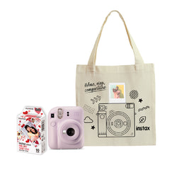 NATAL - Combo Câmera Instantânea Fujifilm Instax Mini 12 Lilás + Filme Fujifilm Instax Mini Heart Sketch10 Fotos +Ecobag Instax