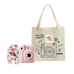 NATAL - Combo Câmera Instantânea Fujifilm Instax Mini 12 Rosa + Filme Fujifilm Instax Mini Heart Sketch10 Fotos + Ecobag Instax