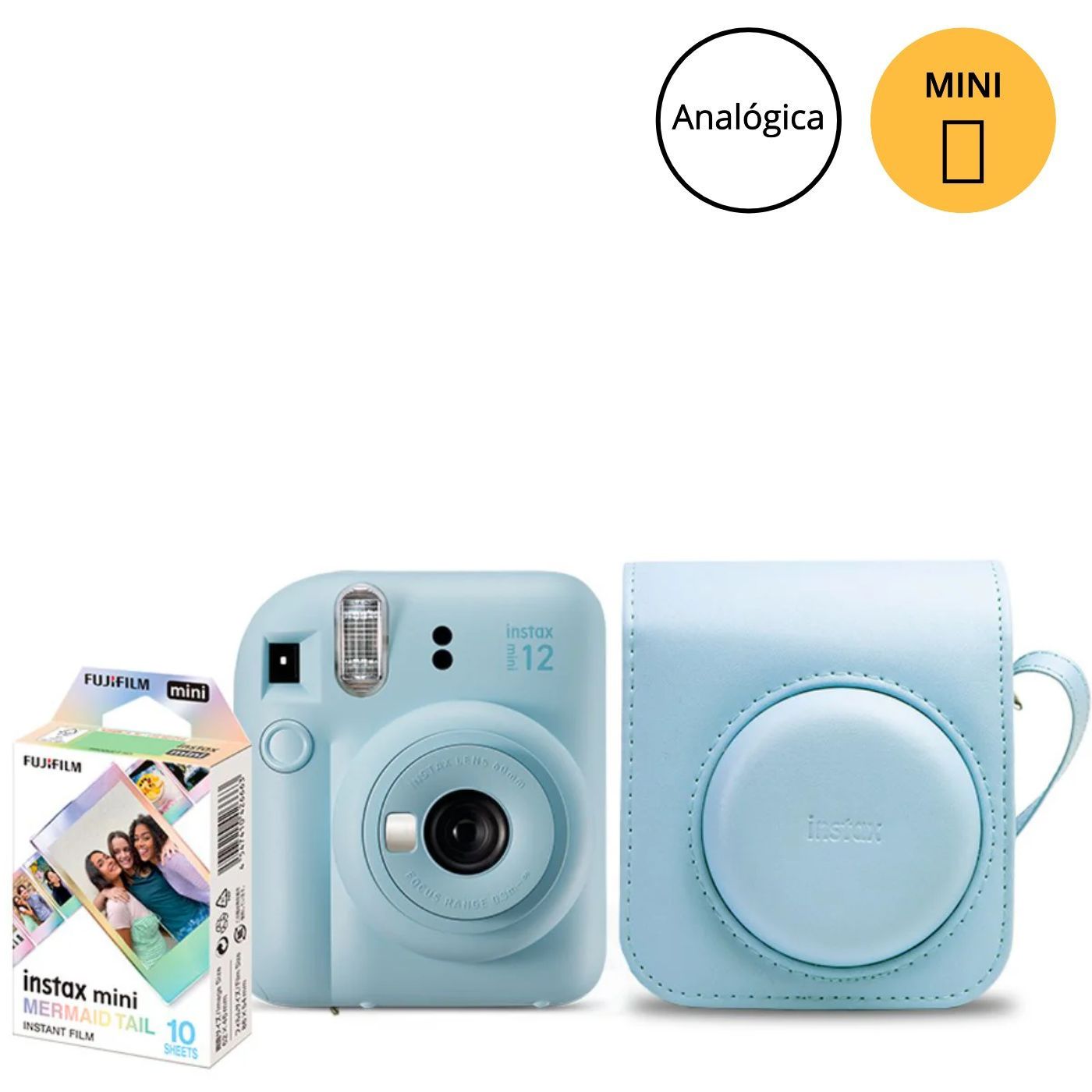 Câmera Instantânea Fujifilm instax mini 12™ Azul Candy + Pack 10 filmes Mermaid Tail + Bolsa Azul Candy