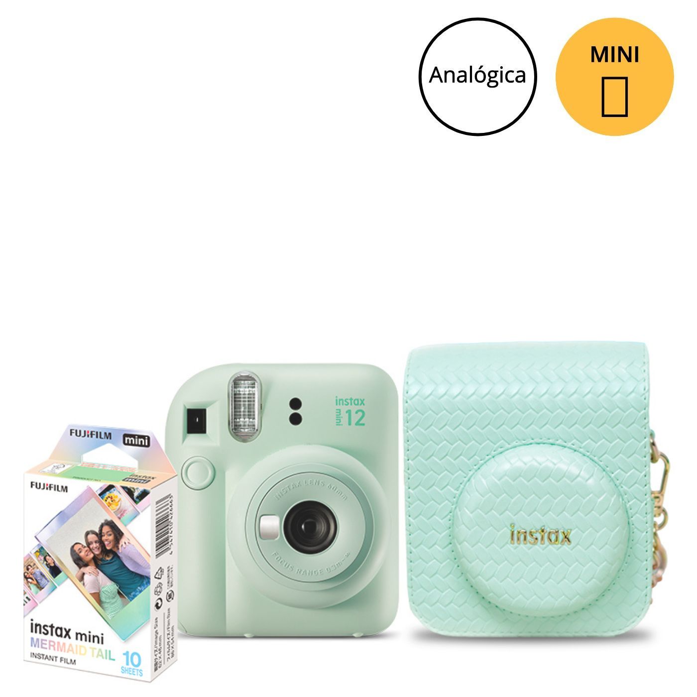 Câmera Instantânea Fujifilm instax mini 12™  Verde + Pack 10 filmes Mermaid Tail + Bolsa Herringbone Verde