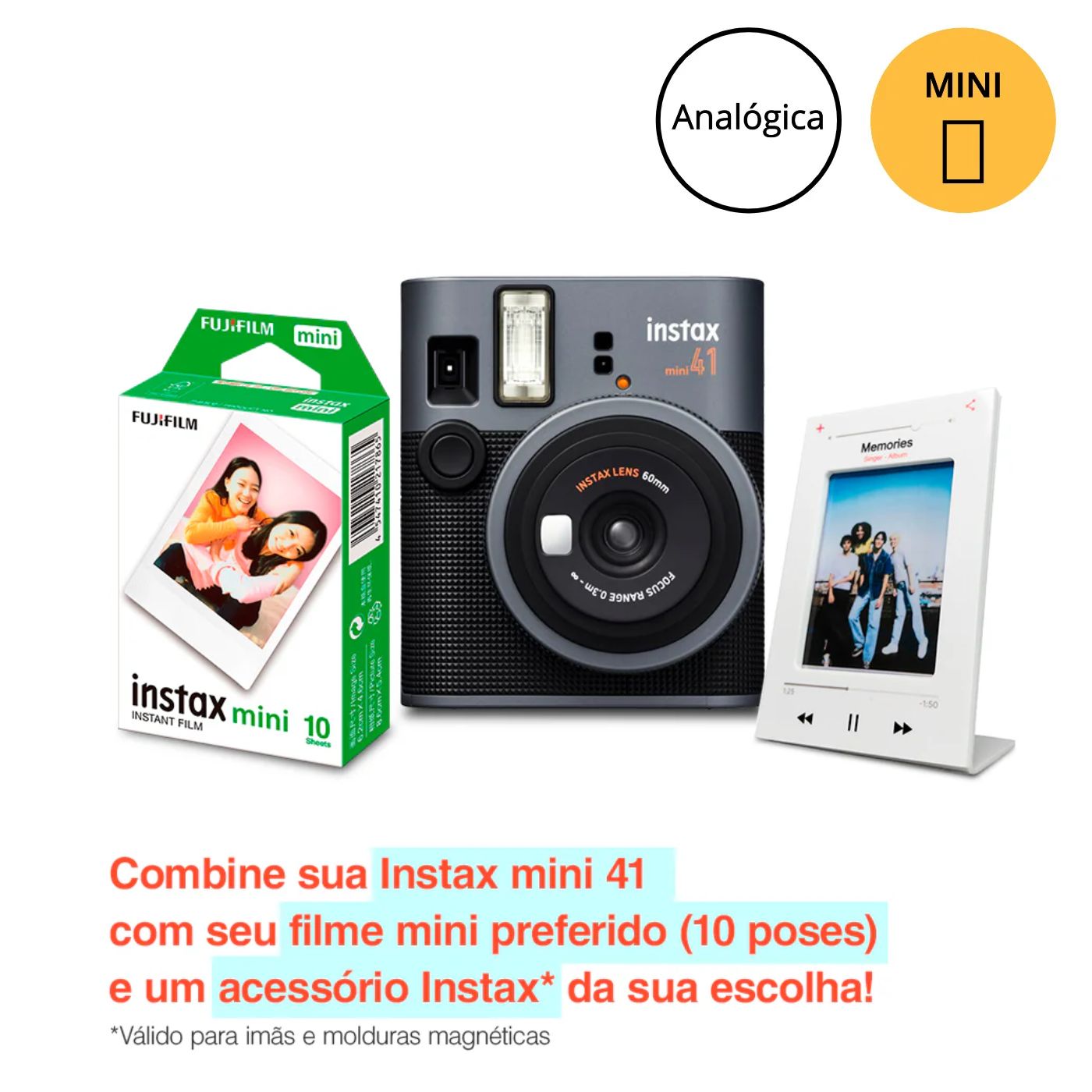 Câmera Instantânea Fujifilm instax mini 41™ + Filme instax™ a sua escolha 10 fotos + Acessório instax™