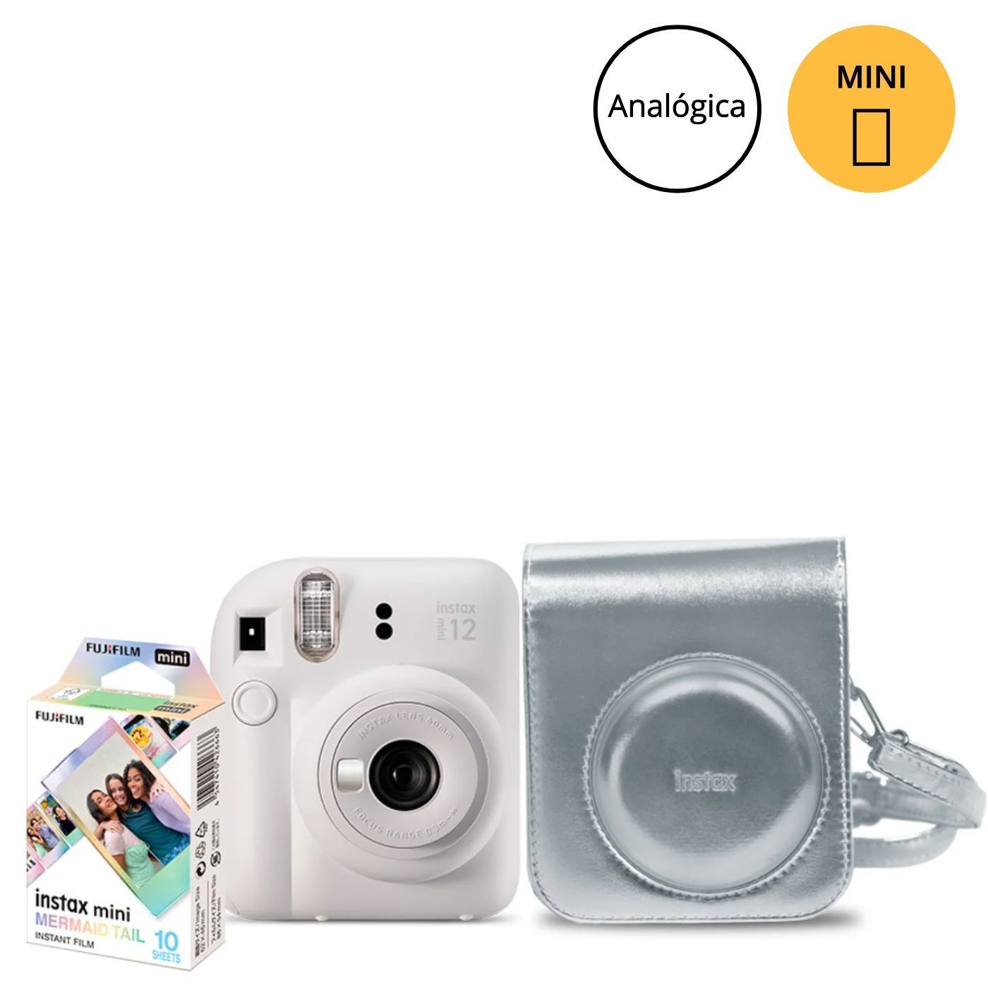 Câmera Instantânea Fujifilm instax mini 12™ Branca + Pack 10 filmes Mermaid Tail + Bolsa Metálica Prata