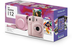 LANÇAMENTO - Kit Câmera Instantânea Fujifilm Instax Mini 12 Rosa + Pack 10 filmes Spray Art + Bolsa Rosa Gloss