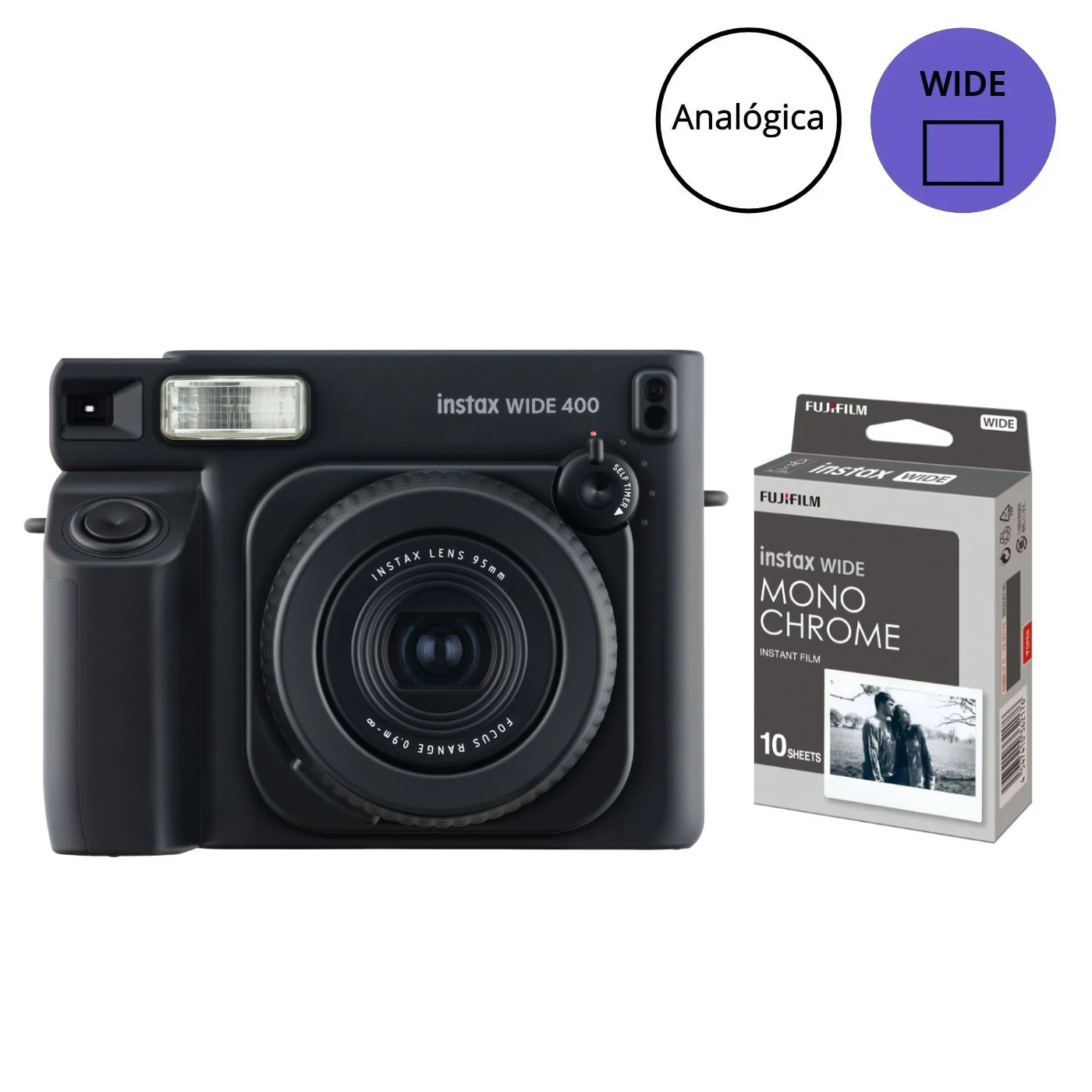 Combo câmera Instantânea Fujifilm instax WIDE 400™ Jet Black + Filme WIDE Monochrome com 10 Fotos