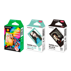 Combo de Filmes Fujifilm Instax Mini Colors, Rainbow 10 Fotos + Mini Sky Blue 10 Fotos + Mini Black 10 Fotos